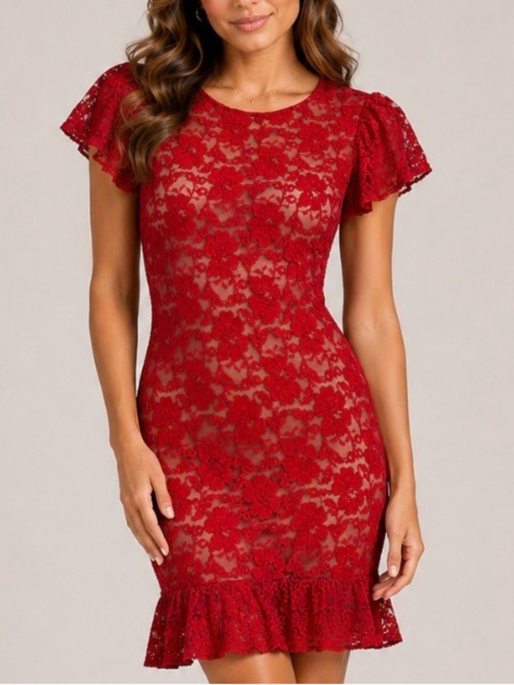 Solemio Red/nude Floral Lace overlay Short Sleeve Dress form fitting bodycon MD